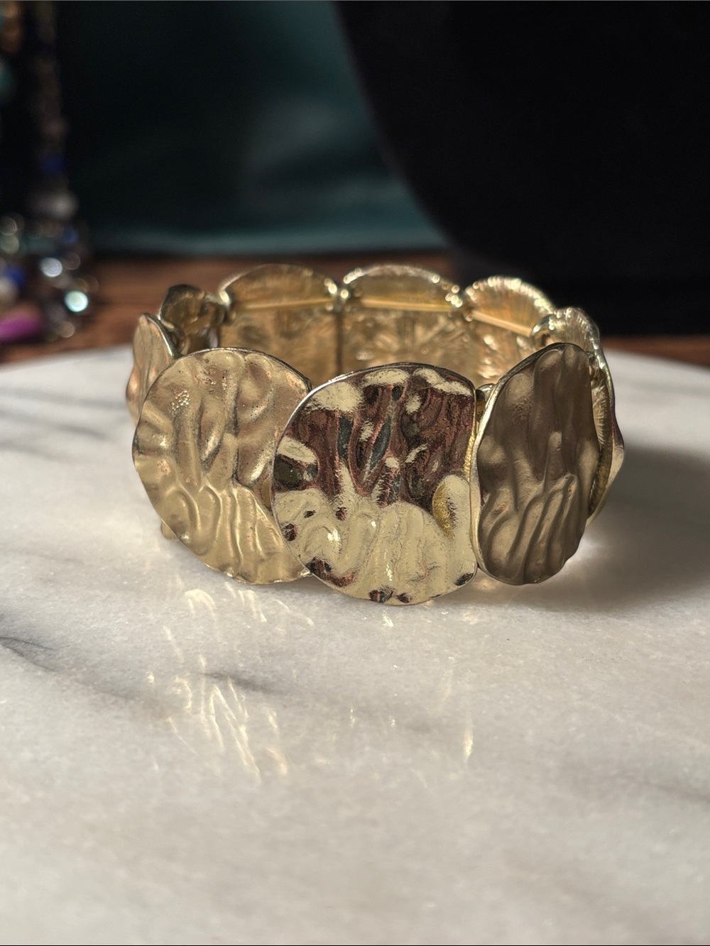 Gold Textured Disc Stretch Bracelet - Women Jewelry